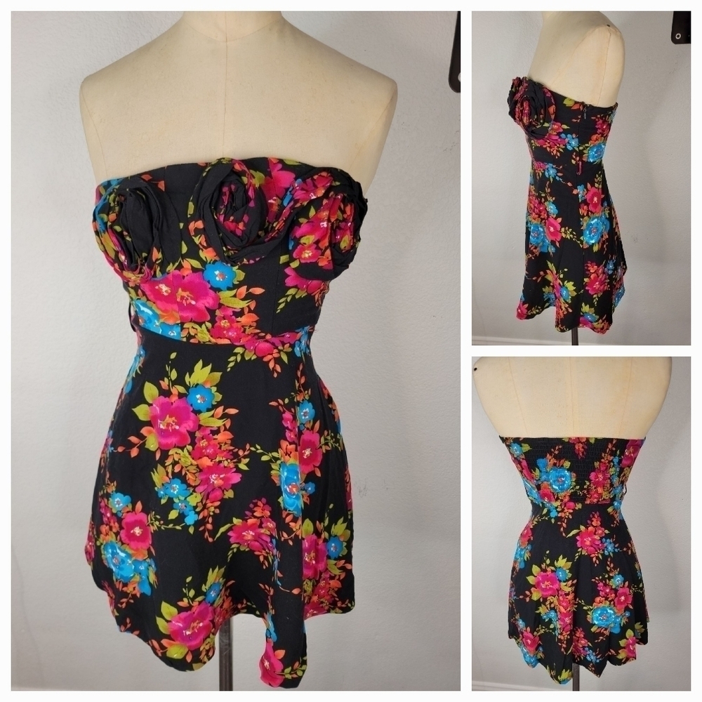 Sans Souci S Mini Dress 3D Floral Applique Linen Multicolor Fairygrunge Milkmaid